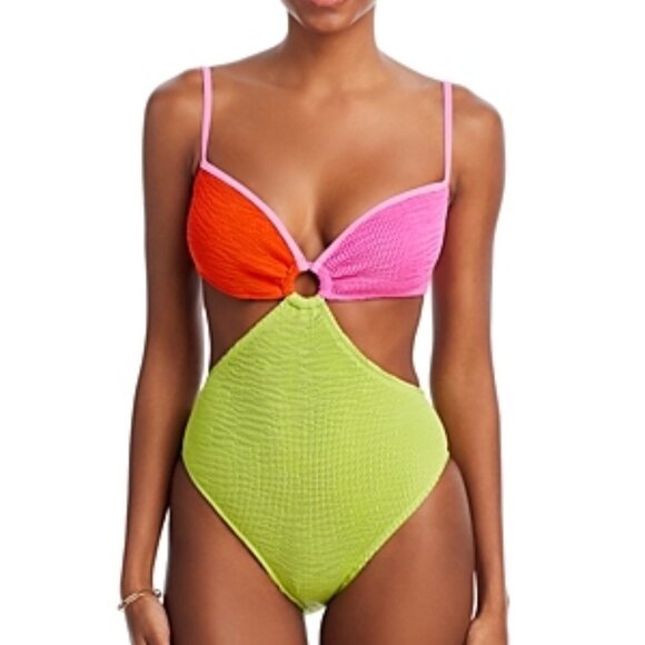Cleonie Lorne Maillot Color Blocked One Piece Swimsuit Size One Pink Orange - Picture 1 of 2